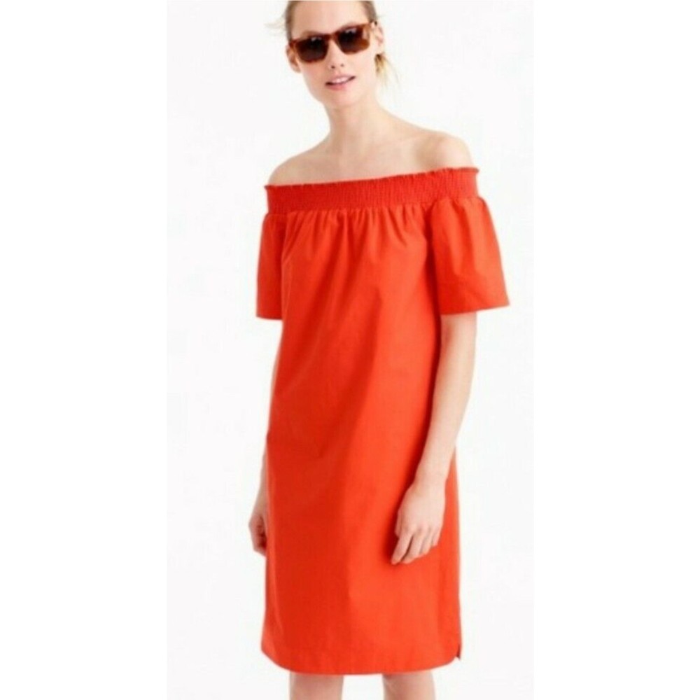 J. Crew Style F2302 Size 00 Off The Shoulder Dress Cotton Poplin Orange Casual